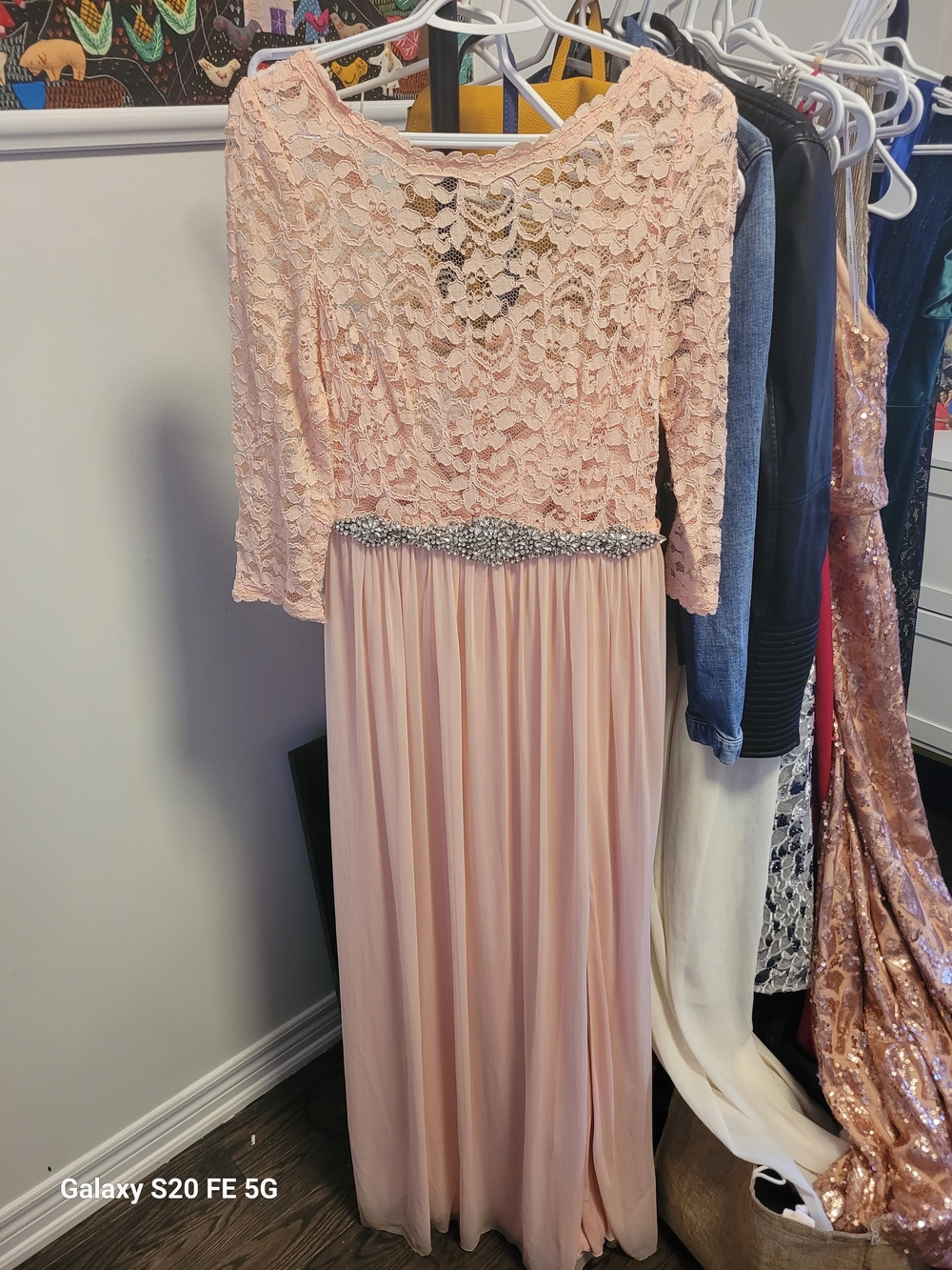 David's Bridal Blush Pink Lace & Chiffon Evening Gown